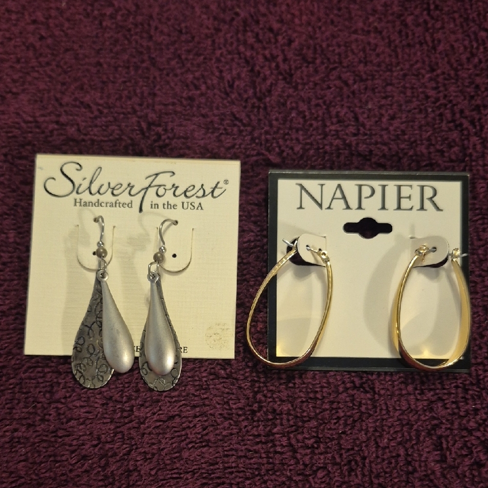 Silver Forest Textured Silver Teardrop Earrings And Napier Oval Hoops Set